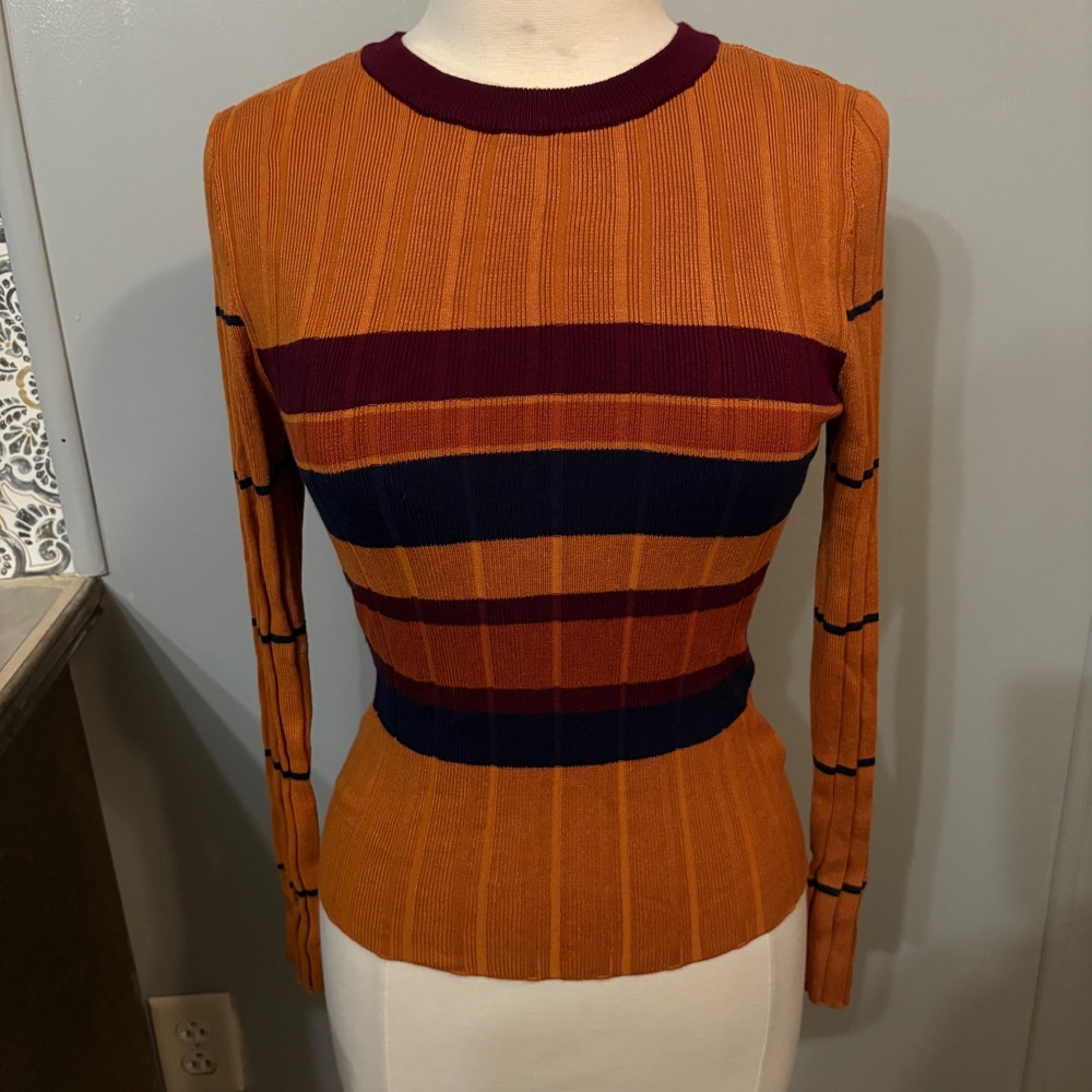 NWT It's Our Time Striped Rust Crewneck Ribbed Stretchy Sweater (Junior Large)